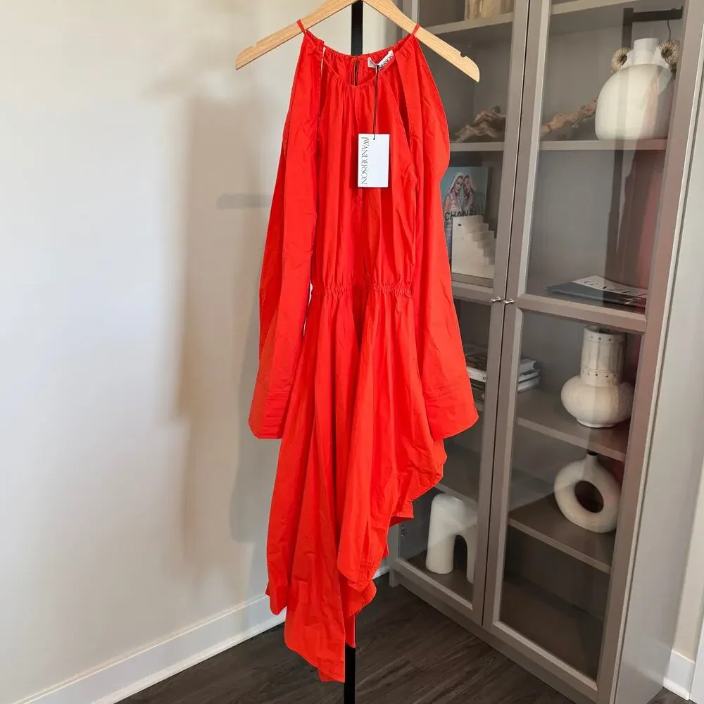 JW Anderson Asymmetric Cutout Midi Dress NEW Slit Detail V-Neckline Red Orange 2 - Picture 2 of 7